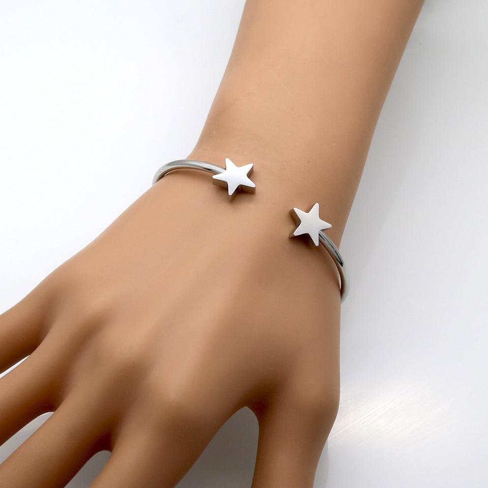 Korean Fashion Simple Double Five-pointed Star Bracelet Women's Jewelry Fashion All-match Accessories Trendy Women's Bracelet Titanium Steel Jewelry