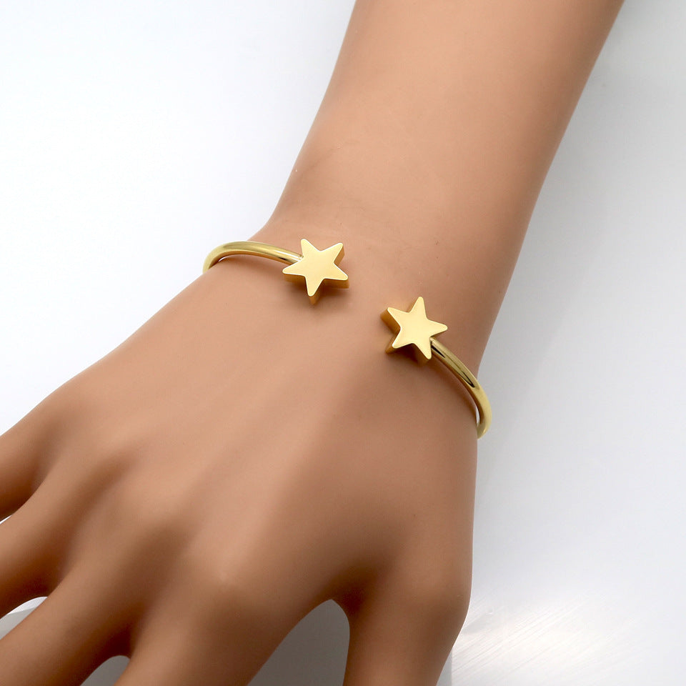 Korean Fashion Simple Double Five-pointed Star Bracelet Women's Jewelry Fashion All-match Accessories Trendy Women's Bracelet Titanium Steel Jewelry