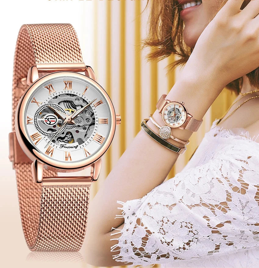 Woman Watch Mechanical Automatic Movement Wristwatch Mesh strap Band Female Mechanical Watch Hot