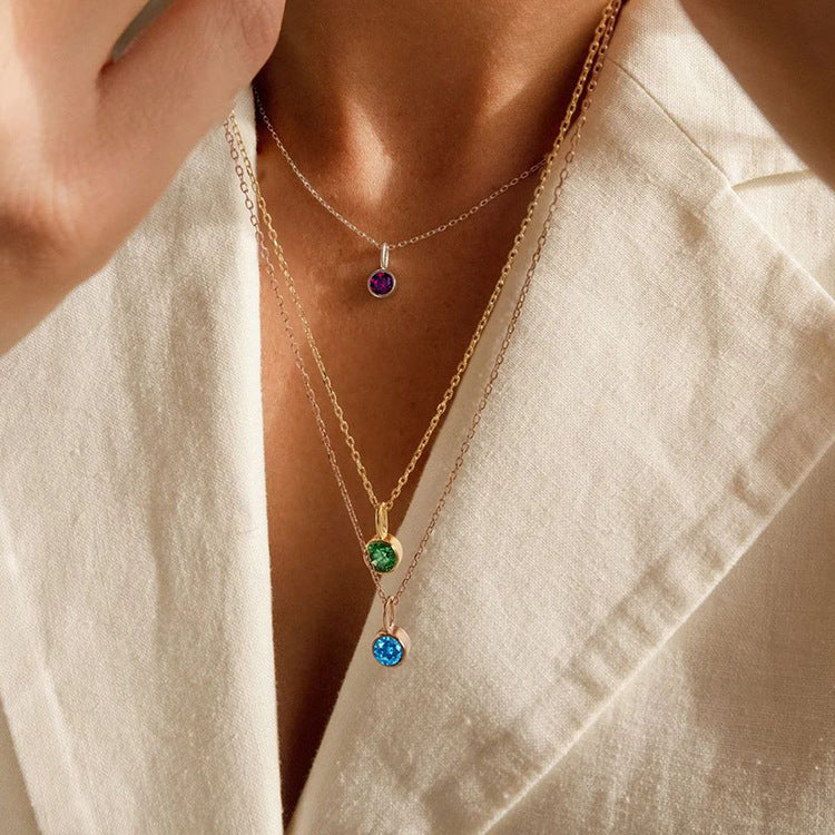 Cross-Border European and American Light Luxury Colorful Rhinestone Pendant, Versatile December Necklace for Women, Fashionable Stainless Steel Necklace Wholesale