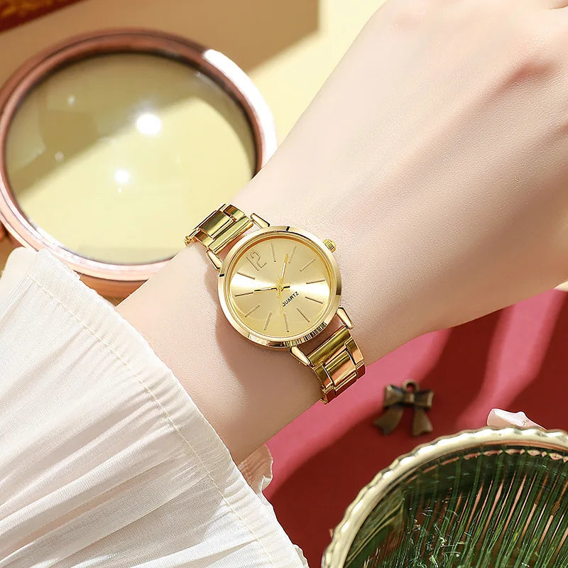 2PCS Set Fashion Luxury Women's Watch Gold Fine Strap Ladies Watch For Bracelet Montre Femme Female Wrist Watch Women Clock