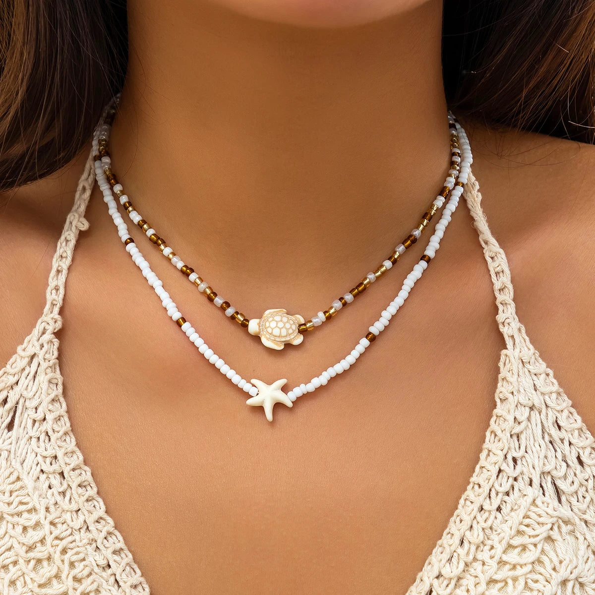 Salircon Bohemian Double Seed Bead Chain Clavicle Necklace Vintage Acrylic Turtle Starfish Pendant Choker Women's Beach Jewelry