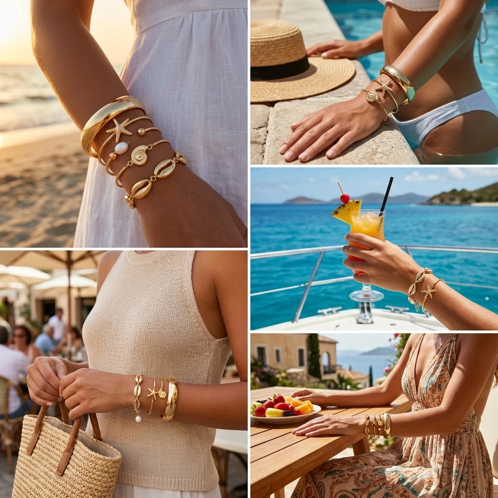 Summer Ocean Shells Starfish Pearls Bracelets Set for Women Alloy Iron Sunlit Radiance Stackable Beach Vacation Jewelry Gifts