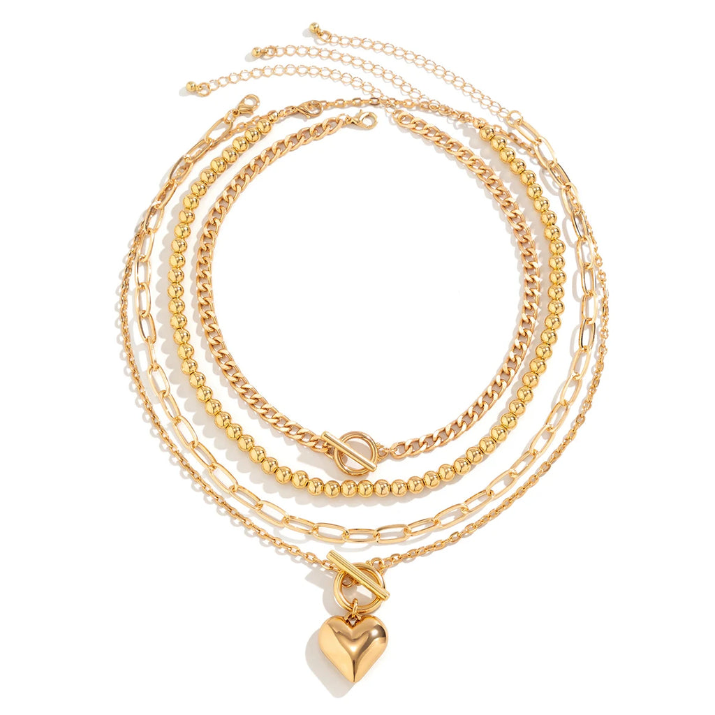 4Pcs/Set Punk Gold Color Heart Pendant Necklace for Women 2024 Trendy OT Buckle Beaded Neck Chain Choker Y2K Jewelry Accessories