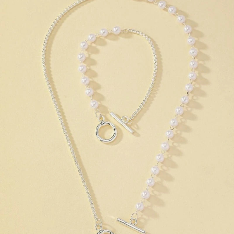 Stainless Steel Jewelry Set Fashion Elegant Design Splicing Pearl Chain Light Luxury Pendant Jewelry Set for Women