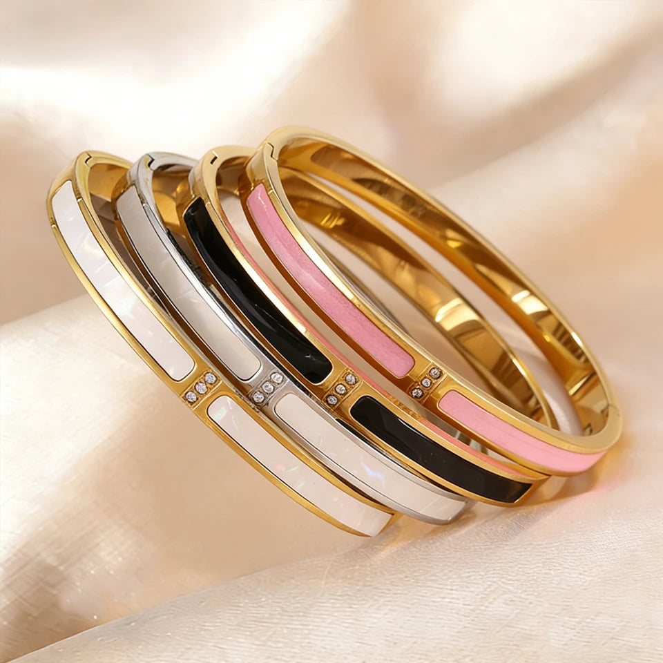 Yupsk New Pink Black Enamel Stainless Steel Bracelet for Women No Fade Color Bangle Trendy Jewelry Accessories Gift