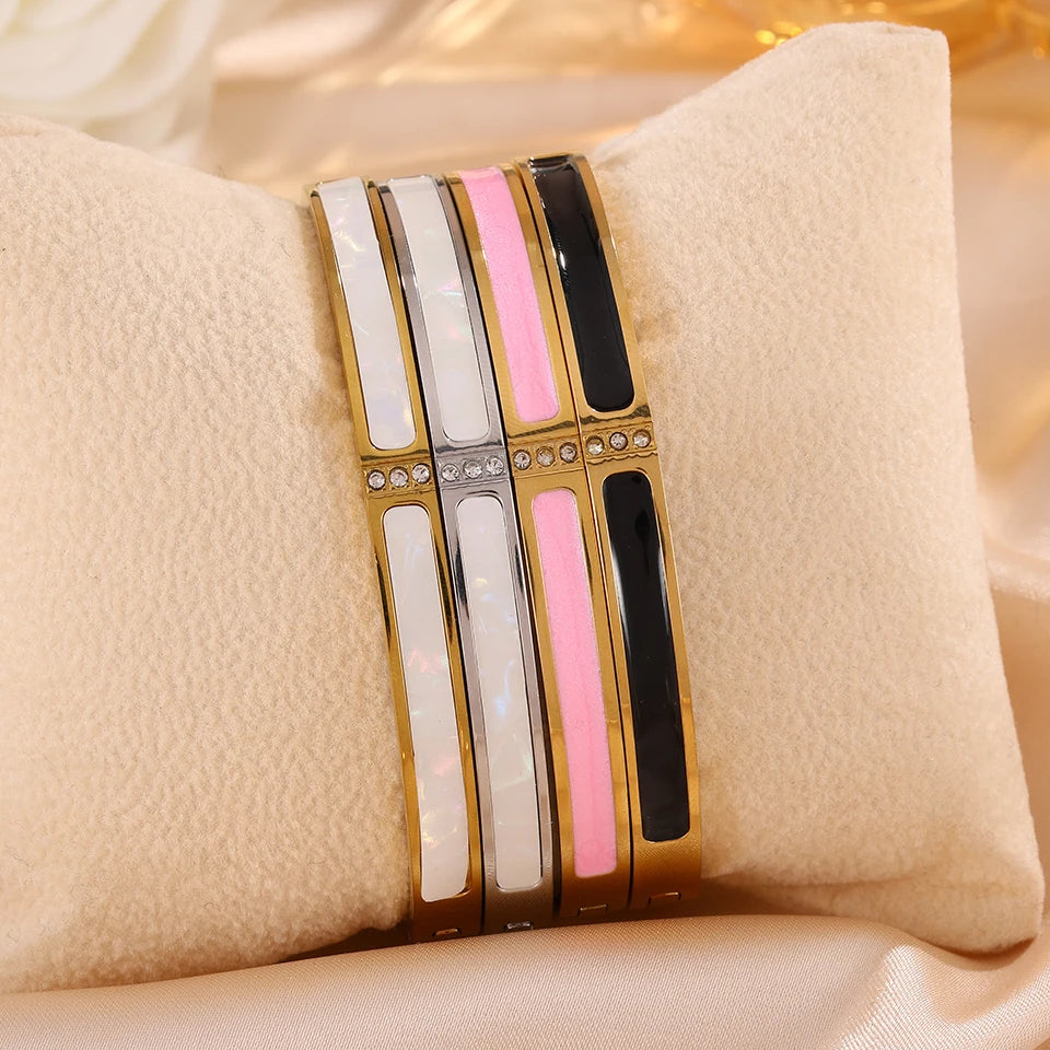 Yupsk New Pink Black Enamel Stainless Steel Bracelet for Women No Fade Color Bangle Trendy Jewelry Accessories Gift