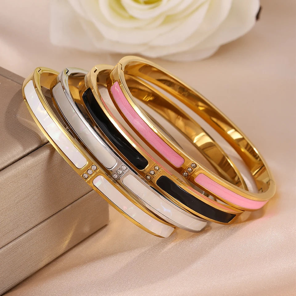 Yupsk New Pink Black Enamel Stainless Steel Bracelet for Women No Fade Color Bangle Trendy Jewelry Accessories Gift