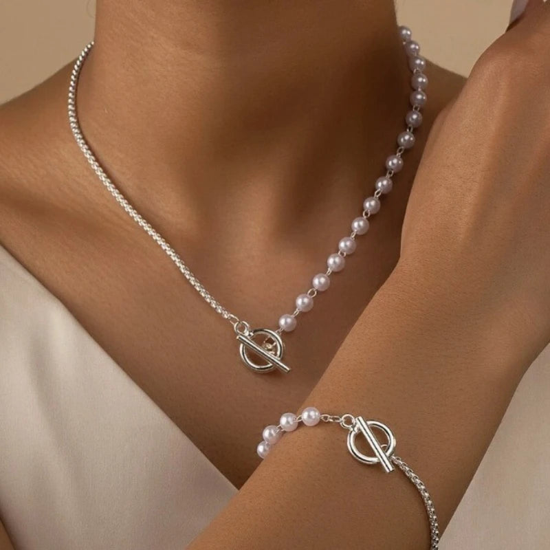 Stainless Steel Jewelry Set Fashion Elegant Design Splicing Pearl Chain Light Luxury Pendant Jewelry Set for Women