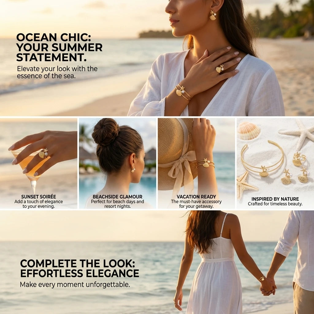 Summer Beach Jewelry Set for Women Gold Color Starfish Shell Pearl Bracelet Adjustable Ring Dangle Earrings Boho Vacation Gift