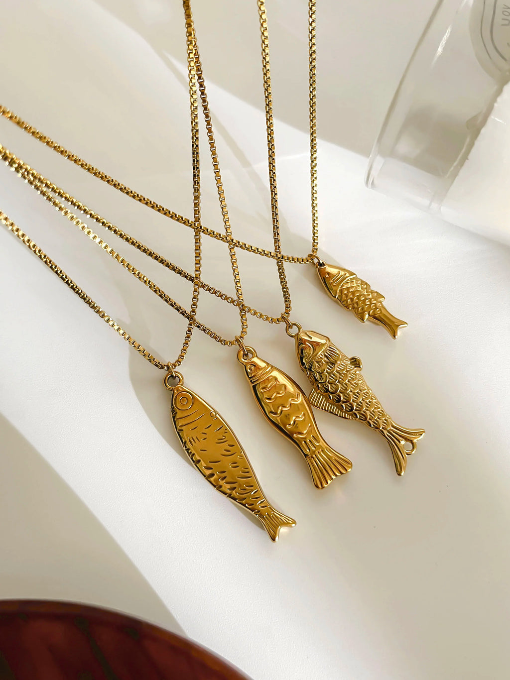 GHIDBK Trendy 4 Designs Stainless Steel Gold Plated Small Fish Pendant Necklaces for Women Waterproof Beach Party Jewelry Summer