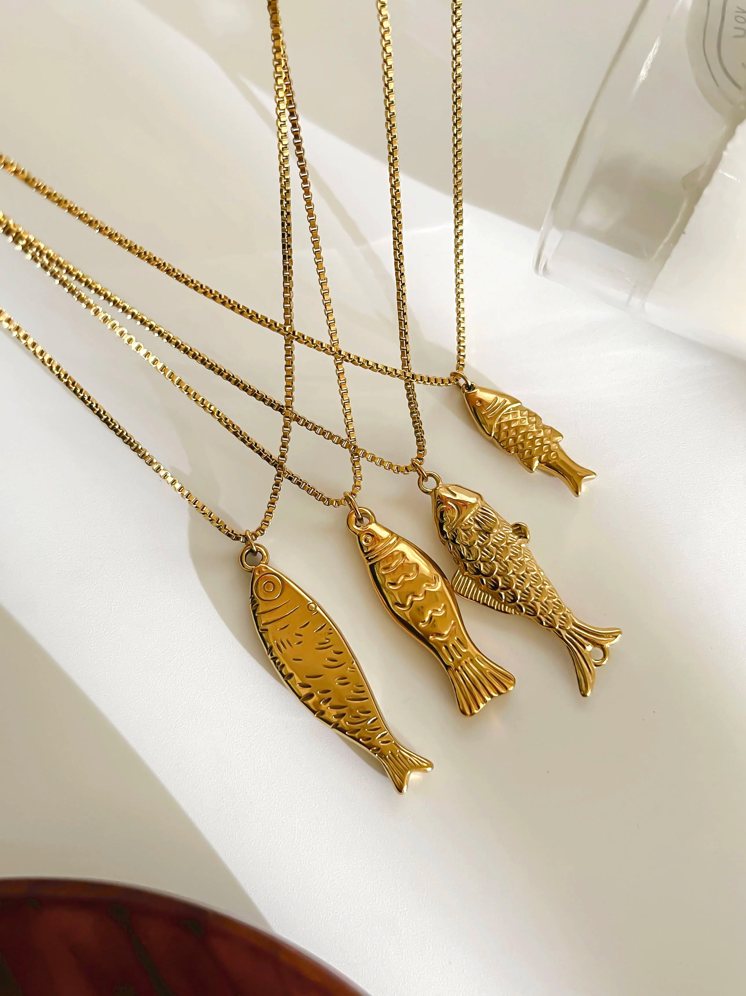 GHIDBK Trendy 4 Designs Stainless Steel Gold Plated Small Fish Pendant Necklaces for Women Waterproof Beach Party Jewelry Summer