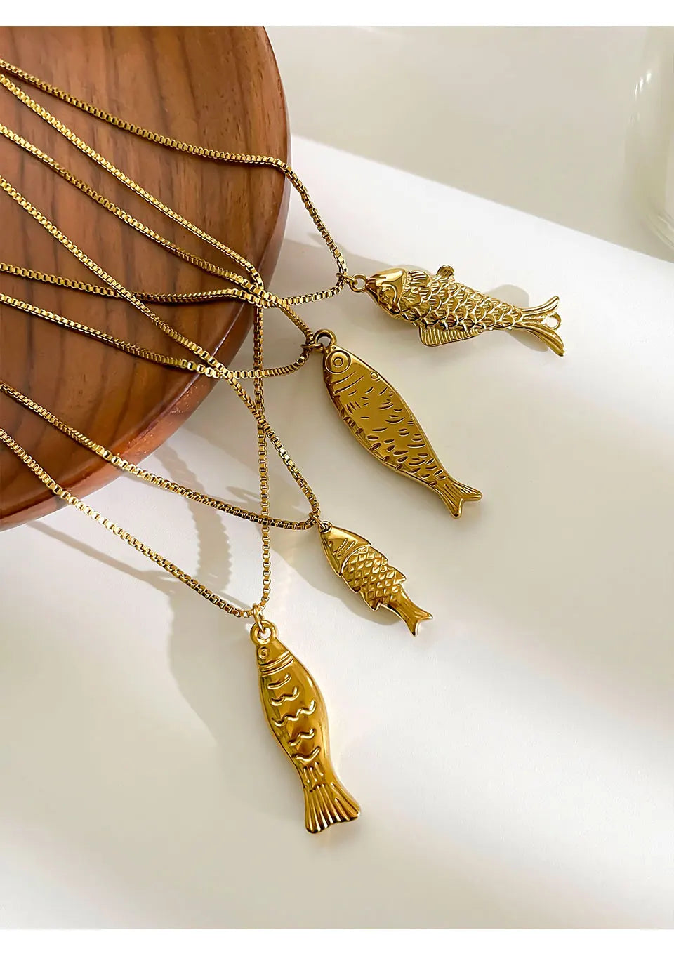 GHIDBK Trendy 4 Designs Stainless Steel Gold Plated Small Fish Pendant Necklaces for Women Waterproof Beach Party Jewelry Summer