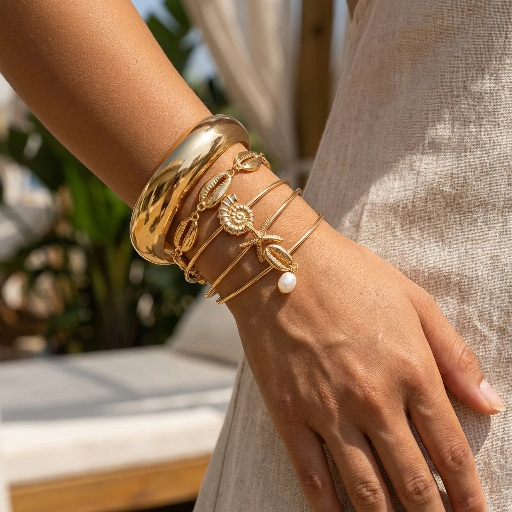 Summer Ocean Shells Starfish Pearls Bracelets Set for Women Alloy Iron Sunlit Radiance Stackable Beach Vacation Jewelry Gifts