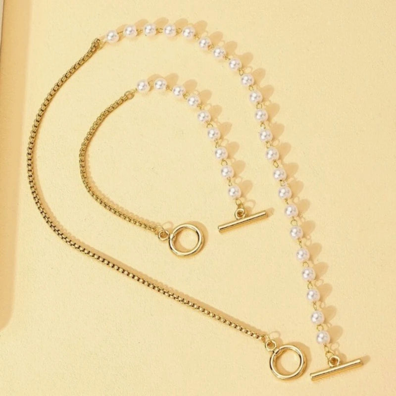 Stainless Steel Jewelry Set Fashion Elegant Design Splicing Pearl Chain Light Luxury Pendant Jewelry Set for Women