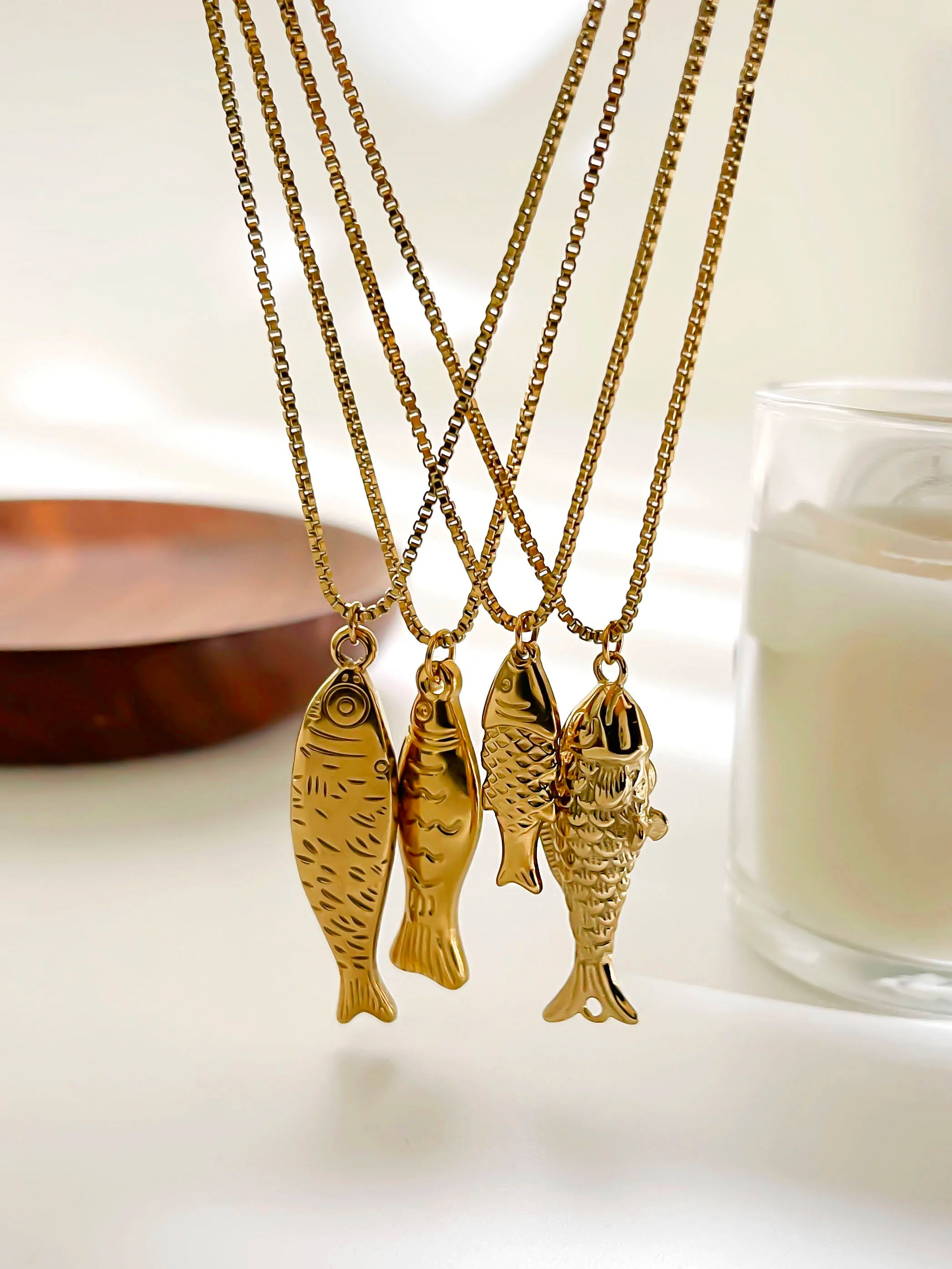 GHIDBK Trendy 4 Designs Stainless Steel Gold Plated Small Fish Pendant Necklaces for Women Waterproof Beach Party Jewelry Summer