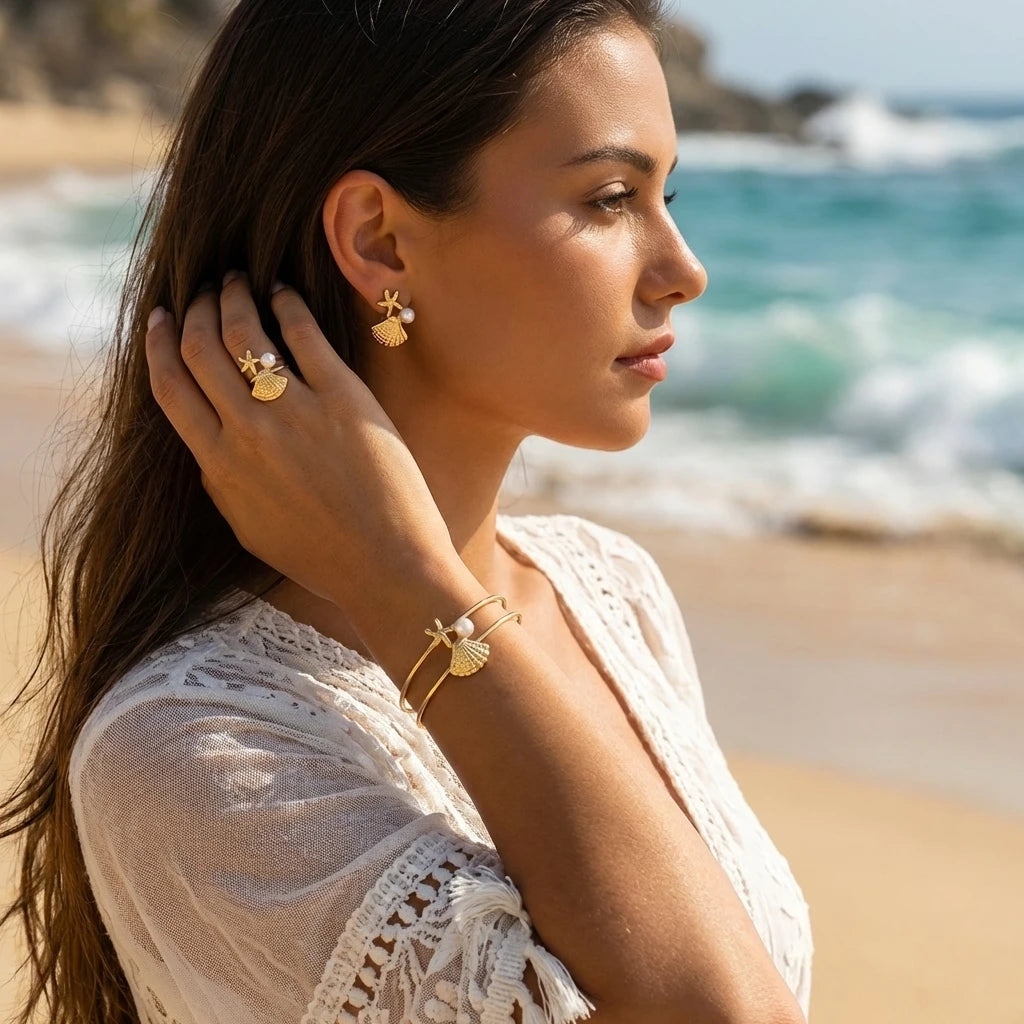 Summer Beach Jewelry Set for Women Gold Color Starfish Shell Pearl Bracelet Adjustable Ring Dangle Earrings Boho Vacation Gift