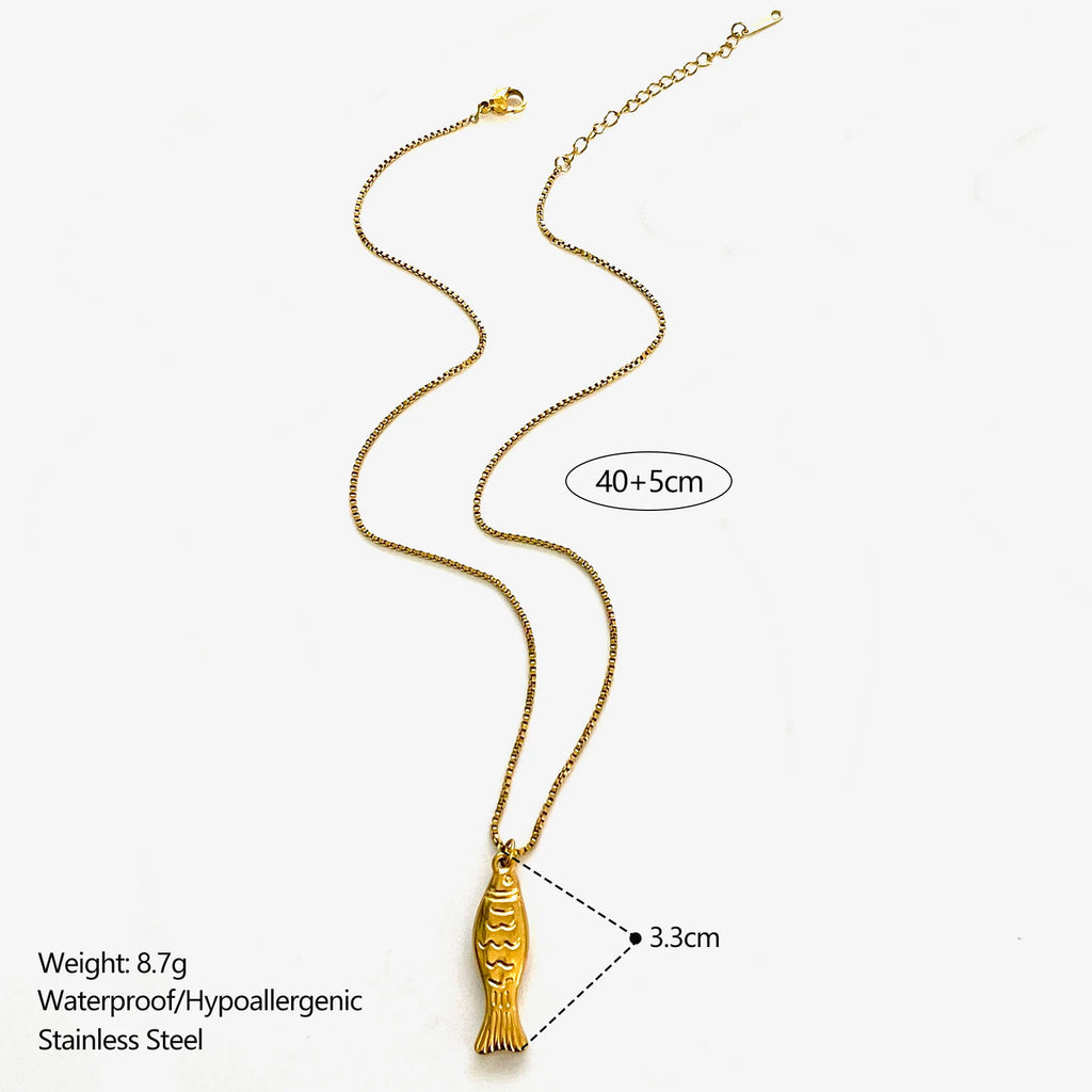 GHIDBK Trendy 4 Designs Stainless Steel Gold Plated Small Fish Pendant Necklaces for Women Waterproof Beach Party Jewelry Summer