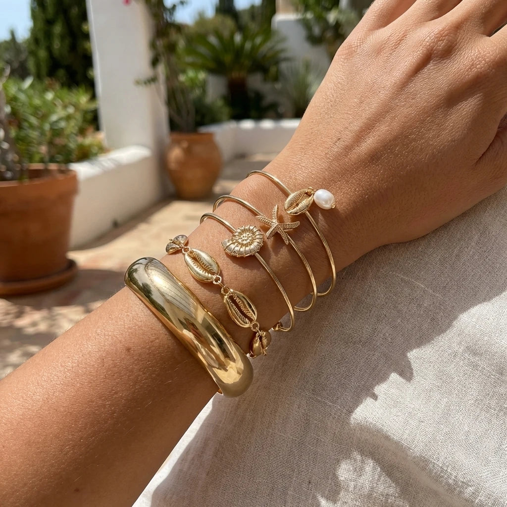 Summer Ocean Shells Starfish Pearls Bracelets Set for Women Alloy Iron Sunlit Radiance Stackable Beach Vacation Jewelry Gifts