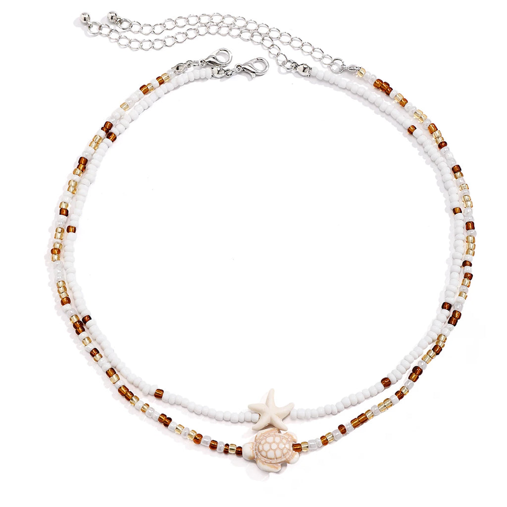 Salircon Bohemian Double Seed Bead Chain Clavicle Necklace Vintage Acrylic Turtle Starfish Pendant Choker Women's Beach Jewelry