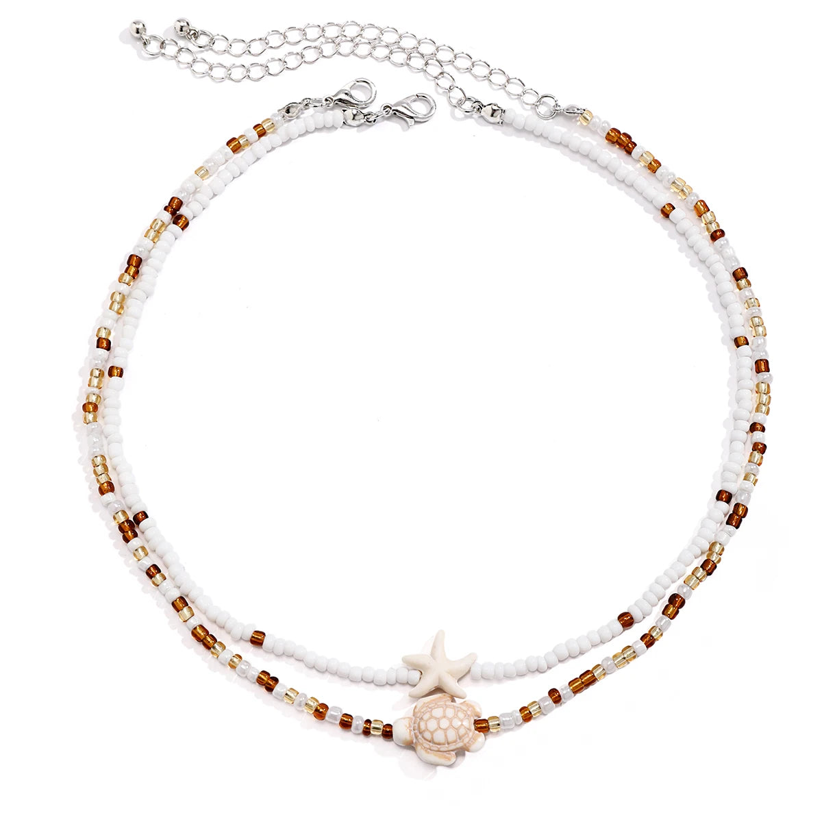 Salircon Bohemian Double Seed Bead Chain Clavicle Necklace Vintage Acrylic Turtle Starfish Pendant Choker Women's Beach Jewelry