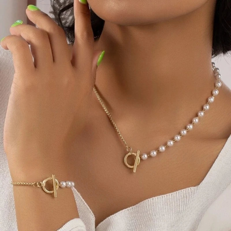 Stainless Steel Jewelry Set Fashion Elegant Design Splicing Pearl Chain Light Luxury Pendant Jewelry Set for Women