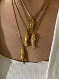 GHIDBK Trendy 4 Designs Stainless Steel Gold Plated Small Fish Pendant Necklaces for Women Waterproof Beach Party Jewelry Summer