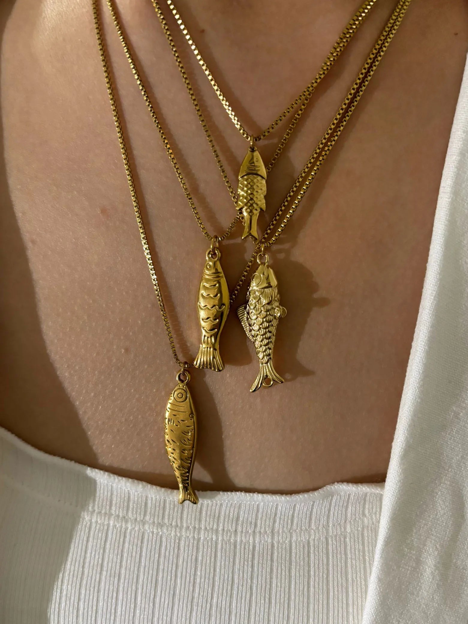 GHIDBK Trendy 4 Designs Stainless Steel Gold Plated Small Fish Pendant Necklaces for Women Waterproof Beach Party Jewelry Summer