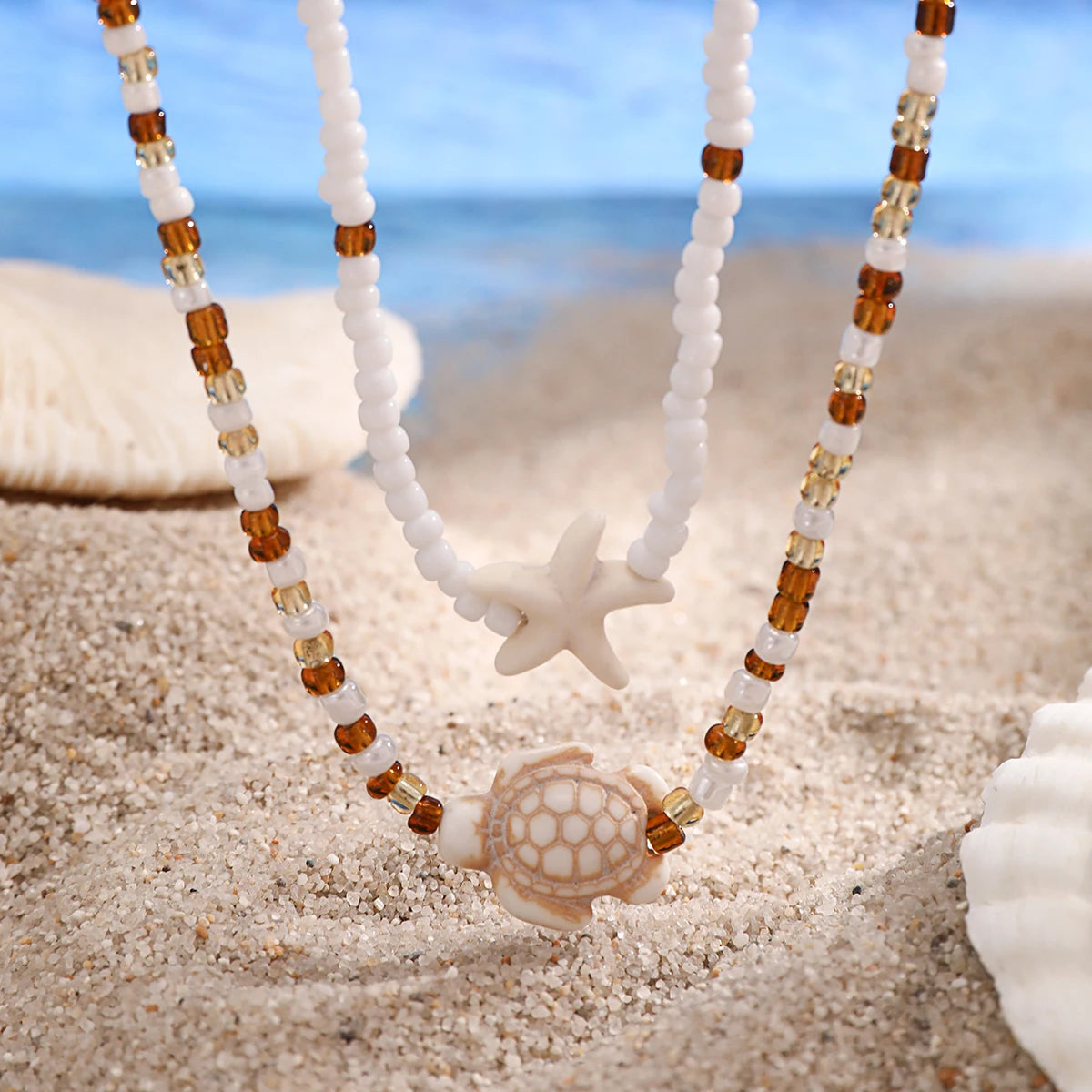 Salircon Bohemian Double Seed Bead Chain Clavicle Necklace Vintage Acrylic Turtle Starfish Pendant Choker Women's Beach Jewelry