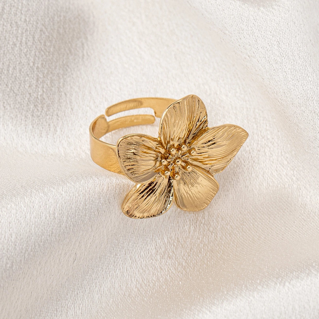 A Women's Ring with a Flower Design, Made of Metal and Adjustable in Size, Suitable for Everyday Wear and Holidays