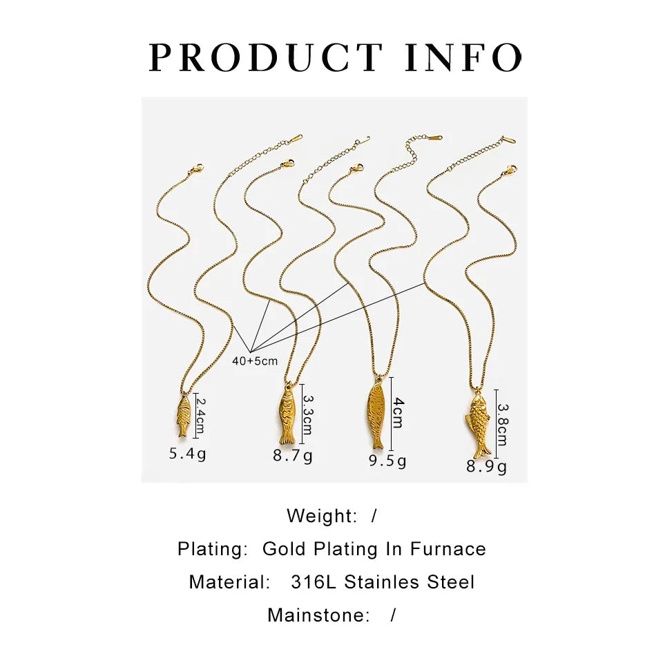GHIDBK Trendy 4 Designs Stainless Steel Gold Plated Small Fish Pendant Necklaces for Women Waterproof Beach Party Jewelry Summer