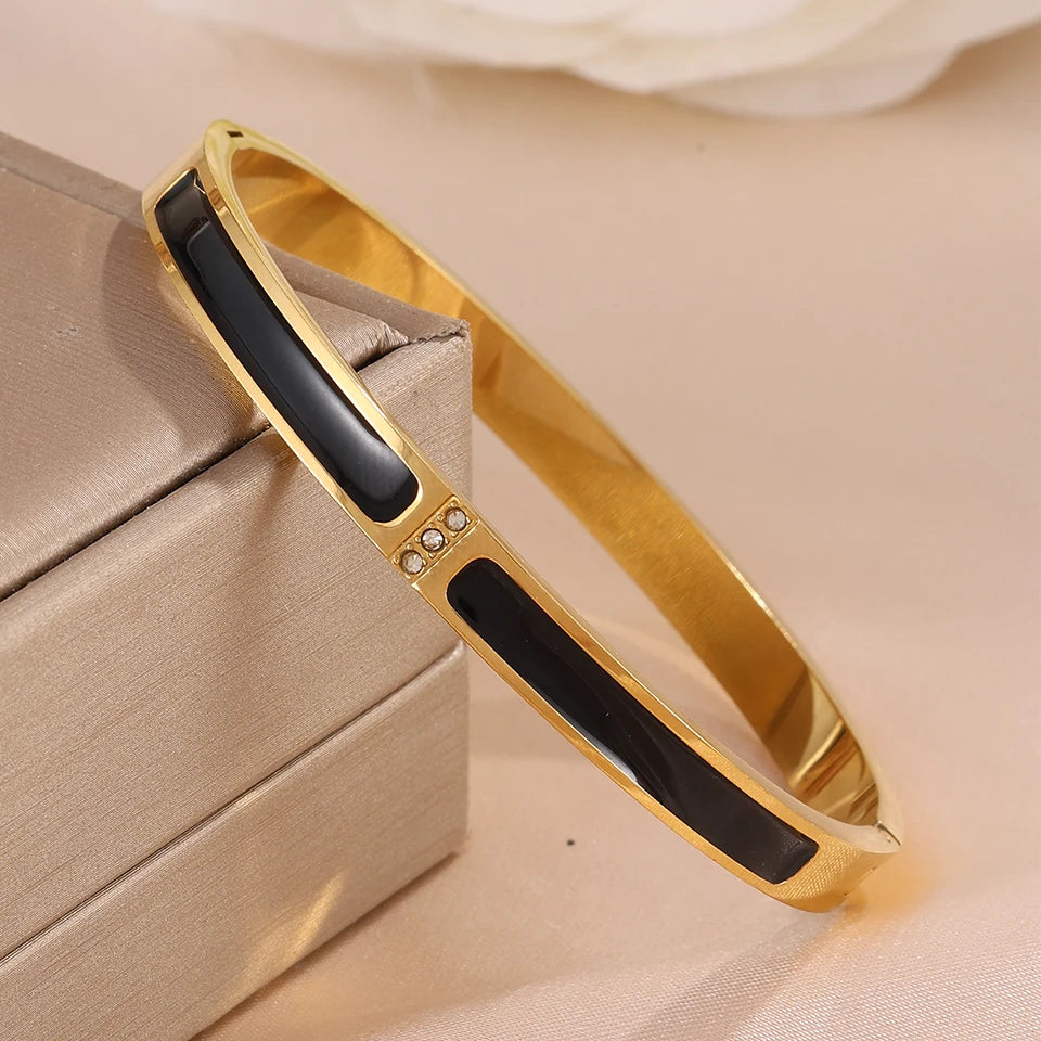 Yupsk New Pink Black Enamel Stainless Steel Bracelet for Women No Fade Color Bangle Trendy Jewelry Accessories Gift