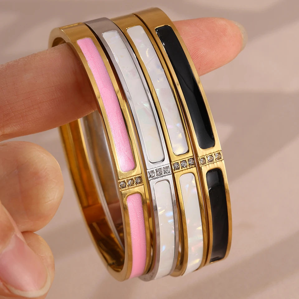 Yupsk New Pink Black Enamel Stainless Steel Bracelet for Women No Fade Color Bangle Trendy Jewelry Accessories Gift
