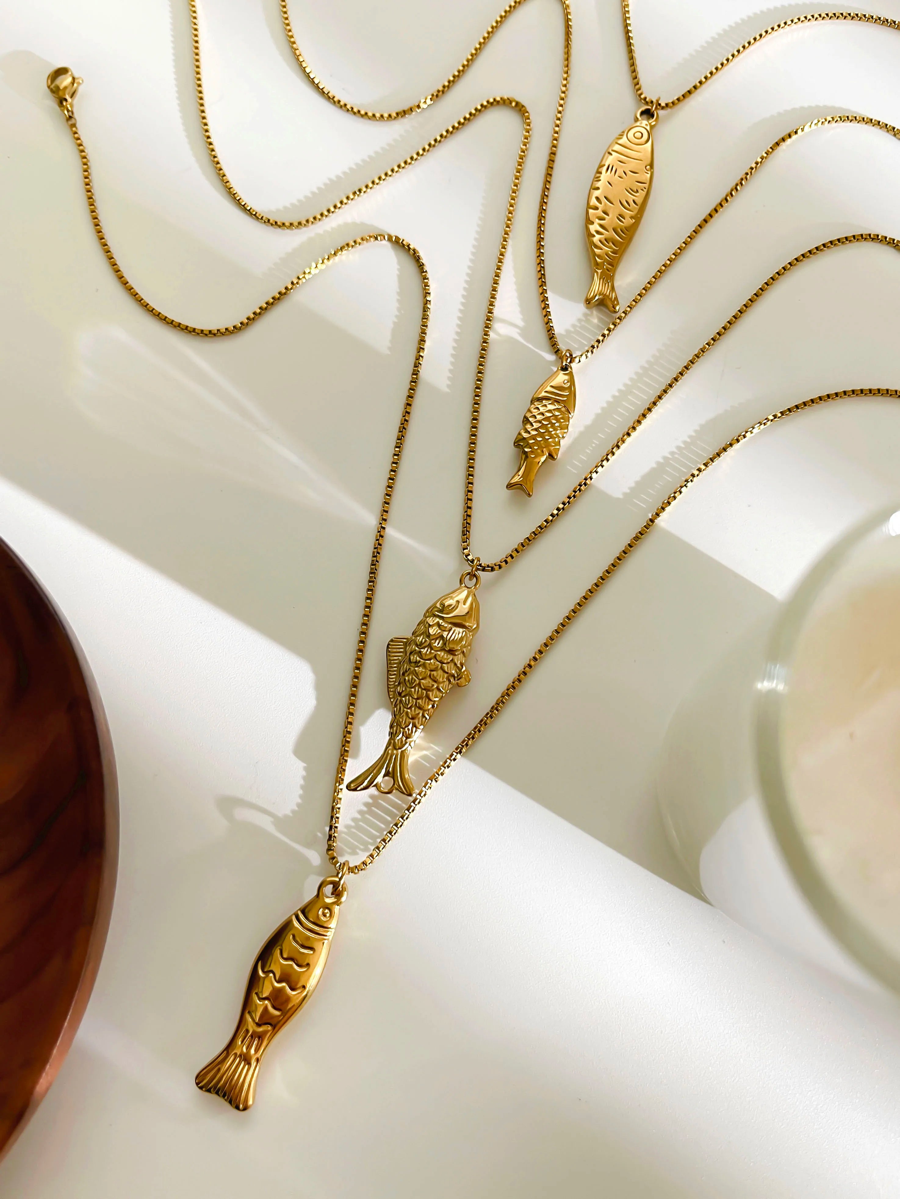 GHIDBK Trendy 4 Designs Stainless Steel Gold Plated Small Fish Pendant Necklaces for Women Waterproof Beach Party Jewelry Summer