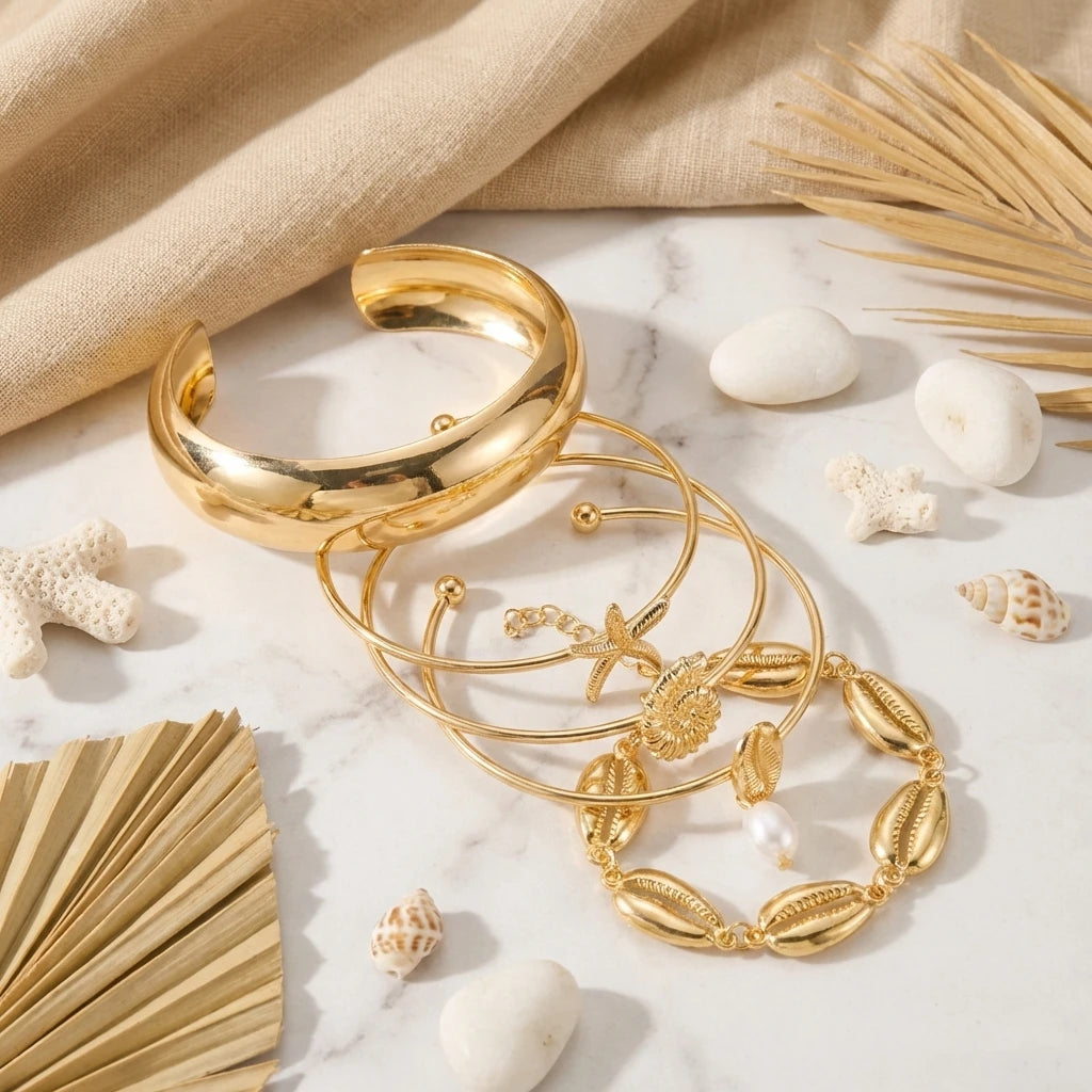 Summer Ocean Shells Starfish Pearls Bracelets Set for Women Alloy Iron Sunlit Radiance Stackable Beach Vacation Jewelry Gifts