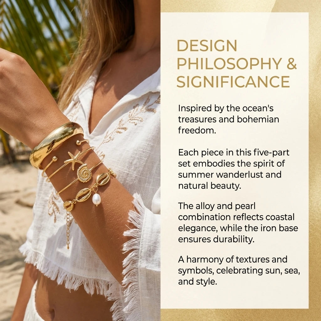 Summer Ocean Shells Starfish Pearls Bracelets Set for Women Alloy Iron Sunlit Radiance Stackable Beach Vacation Jewelry Gifts