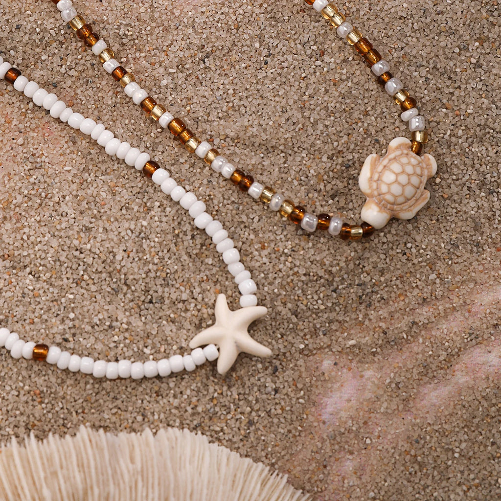 Salircon Bohemian Double Seed Bead Chain Clavicle Necklace Vintage Acrylic Turtle Starfish Pendant Choker Women's Beach Jewelry