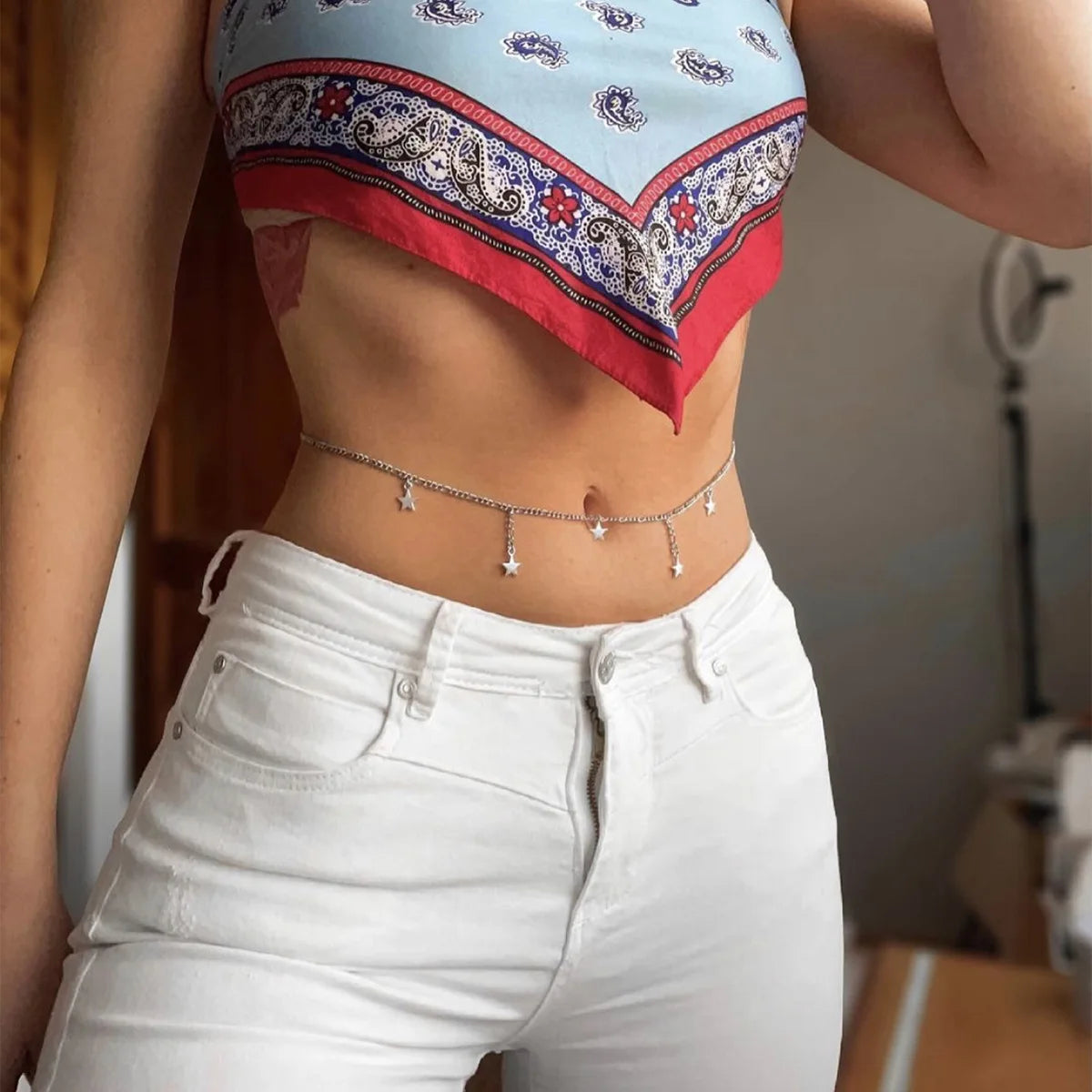 Summer Beach Jewelry Fashion Women's Alloy Double Layer Fine Chain Waist Chain Sexy Versatile Tassel Chain Sequin Body Chain