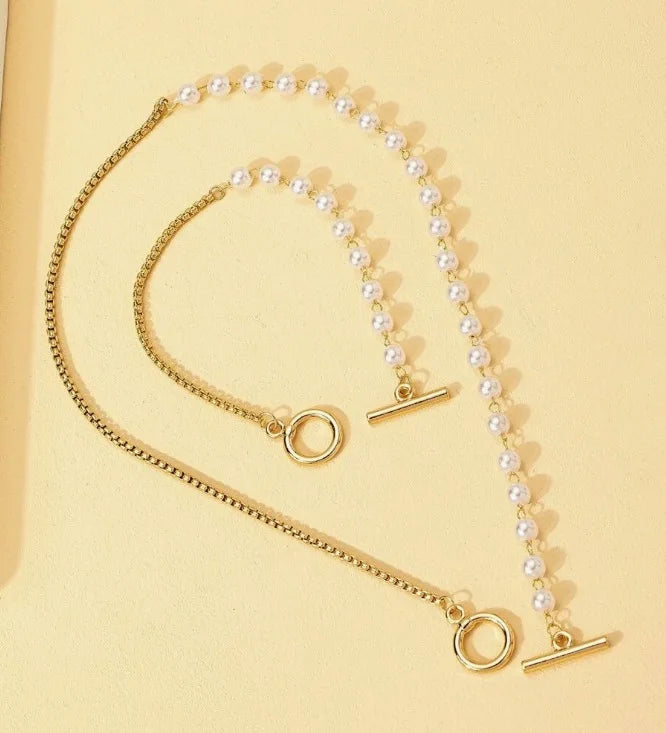 Stainless Steel Jewelry Set Fashion Elegant Design Splicing Pearl Chain Light Luxury Pendant Jewelry Set for Women