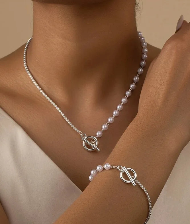 Stainless Steel Jewelry Set Fashion Elegant Design Splicing Pearl Chain Light Luxury Pendant Jewelry Set for Women